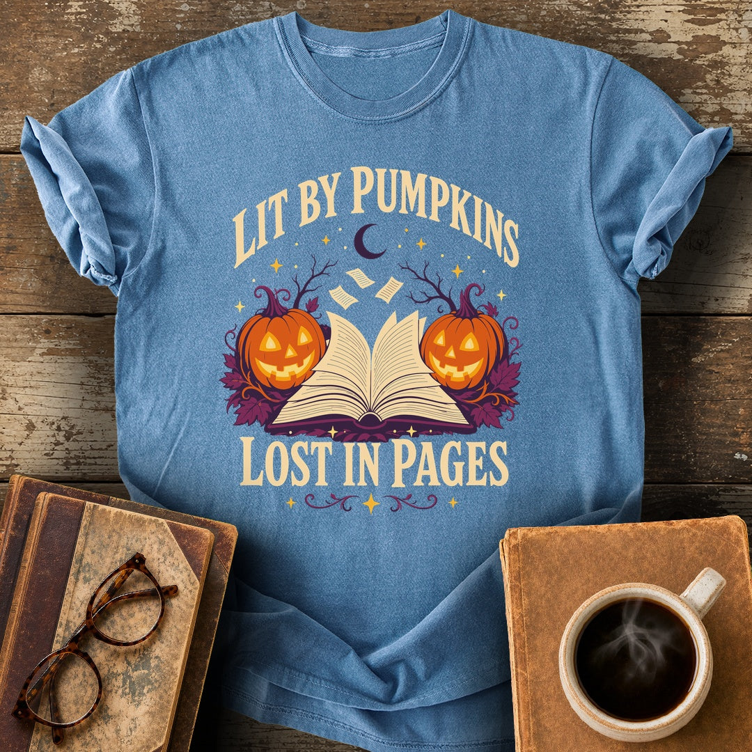 Lit by Pumpkins, Lost in Pages Tee - blue jean shirt mockup